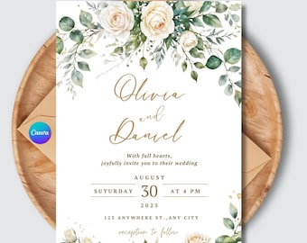 Creamy Rose Wedding Invitation Template | Editable Ivory and Gold Eucalyptus Greenery Wedding Invite | Printable "We Do" Wedding Download