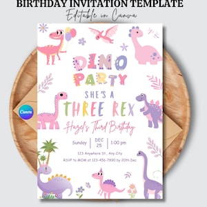 dino birthday, pink dino invite, trex party girl, dino editable, dino template, girl dino card, stomp roar dino, dinosaur invite, pastel trex, cute dino card, girl trex party, dinosaur girl, three rex invite