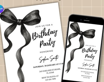 BEditable Black Bow Birthday Invitation Template | Minimalist Black Ribbon Coquette Invite | Elegant 30th, 40th, 50th Birthday Party Invite