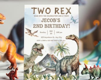 Three Rex Dinosaur Birthday Invitation – Editable T-Rex Party Invite for 3rd Birthday, Digital Download, Mobile Invite