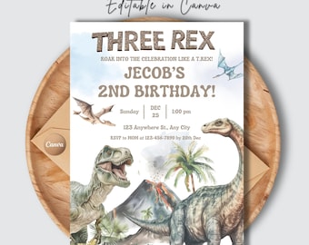 Three Rex Dinosaur Birthday Invitation – Editable T-Rex Party Invite for 3rd Birthday, Digital Download, Mobile Invite