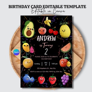 Dancing Fruit Birthday Invitation, kawaii Party Invite Template, Kid's Fruity Party, Printable Tropical Summer Birthday card,boy birthday