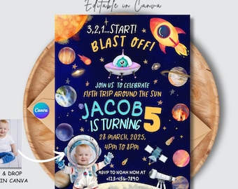 Plantilla de invitación de cumpleaños con temática espacial / Invitación editable para fiesta de lanzamiento galáctico / Tema de planetas, cohetes y astronautas