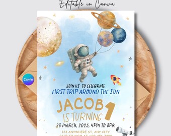 Editable First Trip Around the Sun Invitation – Outer Space 1st Birthday Party Template – Galaxy Blast Off Printable Digital Download