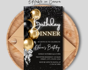 Digital Black Tie Birthday Dinner Invitation – Glamorous Animated Black and Silver Diamond Evite for Men & Women, Self-Editable Template
