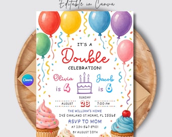 Sibling Birthday Invitation | Rainbow Confetti, Joint Party Canva Template