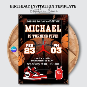 バスケットボールの誕生日パーティー招待状｜男の子と女の子向けのスポーツをテーマにした招待状｜編集・印刷可能なテンプレート