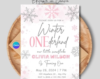 Editable Winter Onederland Invitation | Pink & Silver Snowflake 1st Birthday Invite | Winter Wonderland First Birthday Template Download