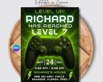 Editable Video Game Birthday Invitation | Level Up Arcade Party Invite | Neon Glow Gamer Canva Template