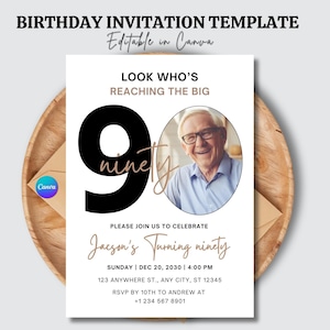 Elegante minimalistische uitnodiging voor 90e verjaardagsfeestje met foto | Black en Gold Ninety-uitnodiging | Bewerkbare sjabloon voor mannen | Verjaardagskaart