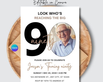 Elegant Minimalist 90th Birthday Party Invitation with Photo | Black and Gold Ninety Invite | Editable Template for Men | Birthday card
