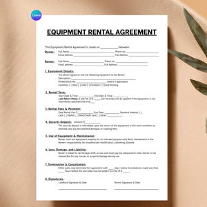 May include: A white Equipment Rental Agreement form with black text. The form includes sections for owner and renter details, equipment specifications, rental terms, fees, security deposit, and signatures. A Canva logo is in the top left.