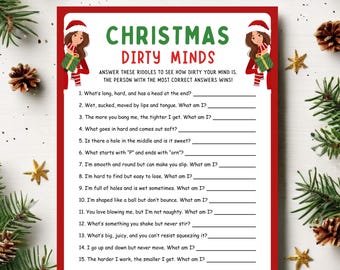 Juego navideño Dirty Minds para imprimir, juego navideño para adultos, trivia para fiestas de Friendsmas, divertido juego de beber navideño, juegos para noches de chicas.