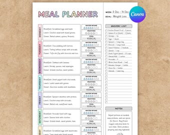 Weekly Meal Planner Printable: Food Diary, Grocery List & Menu Prep for Diet Fitness