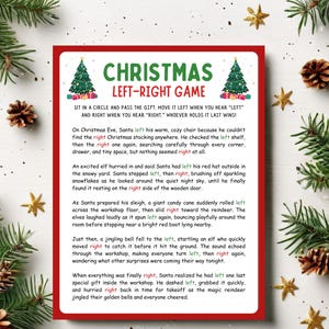 May include: A festive Christmas Left-Right Game card with a red border, featuring text and illustrations of Christmas trees. The game instructions are printed on the card, perfect for holiday gatherings and family fun.