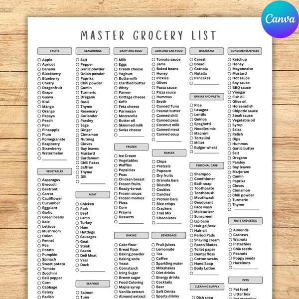 Bearbeitbare Einkaufslistenvorlage | Bunte Printable Shopping Checklist & Master Grocery List