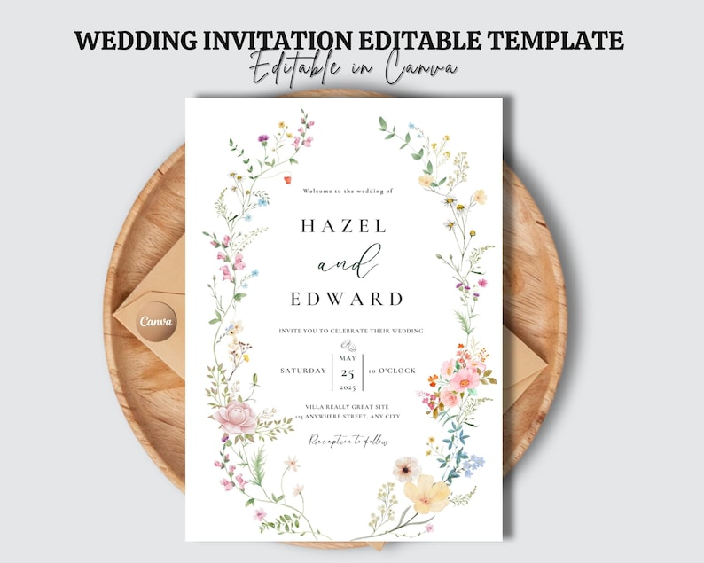 May include: A wedding invitation template with a floral wreath design. The invitation features the names "Hazel and Edward" and the wedding date "Saturday, May 25".