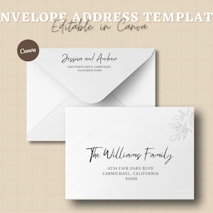 May include: A white envelope address template with the text "Envelope Address Template" and "Editable in Canva". The design includes two envelopes, one open, with names and addresses in a handwritten style font. A Canva logo is visible.