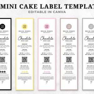 May include: A set of five vertical rectangular mini cake label templates with black, yellow, pink, beige, and gray borders. Each label features the text 7 MINI CAKE LABEL TEMPLATE, EDITABLE IN CANVA, REGAL BAKES, Chocolate MINI CAKE, and a QR code.