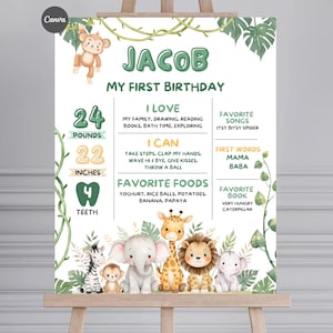 May include: A personalized jungle-themed birthday sign on an easel. The sign features the name "Jacob" and details about the child's first birthday, including weight (24 pounds), height (22 inches), and favorite things. Adorable animal illustrations decorate the bottom.