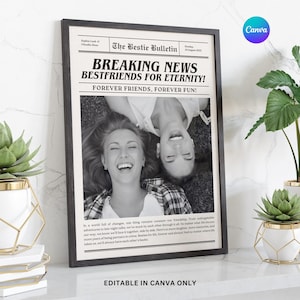 Editable Best Friends Print | Retro Newspaper Style Bestie Birthday Gift | Friendship Decor for Girl Dorm Room | Digital Download
