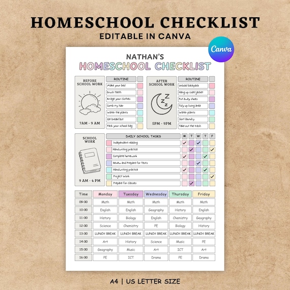 Editable Homeschool Planner | Printable Daily Schedule & Student Checklist | Digital School Routine Template PDF