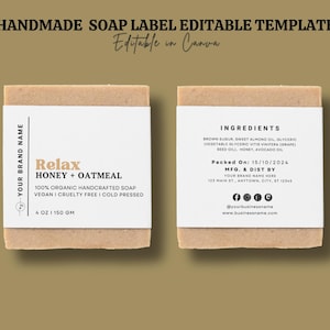 Plantilla de etiqueta de jabón en barra editable / Etiquetas de jabón imprimibles / Diseño de etiqueta envolvente para productos de baño y corporales / Etiquetas adhesivas para lavado de manos