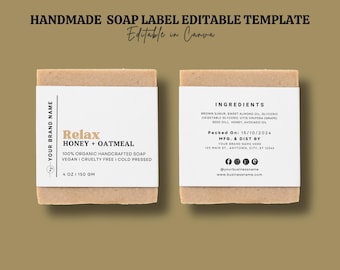 May include: A white label with black text for a handmade soap bar. The label reads "Relax Honey + Oatmeal" and lists the ingredients as "Brown Sugar, Sweet Almond Oil, Glyceric (Vegetable Glyceric Vitis Vinifera (Grape) Seed Oil), Honey, Avocado Oil". The label also includes the date "15/10/2024" and the text "MFO. & DIST BY YOUR BRAND NAME HERE 123 MAIN ST. ANYTOWN, CITY, ST 12345". The label also includes social media icons and the text "@yourbusinessname www.businessname.com".