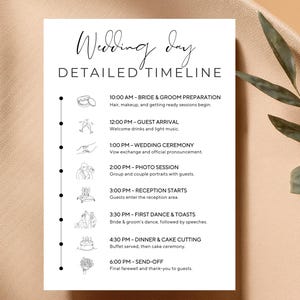 May include: A white wedding day timeline on a beige background. The text reads "Wedding Day Detailed Timeline" with a schedule from 10:00 AM to 6:00 PM, including ceremony and reception details. Decorative leaf in the background.