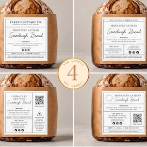 May include: Four rectangular white paper labels for sourdough bread packaging, each featuring black text, a Baker's Cottage Co. logo, ingredient lists, net weight of 200 g (7 oz), and social media icons. Some labels include QR codes for scanning.