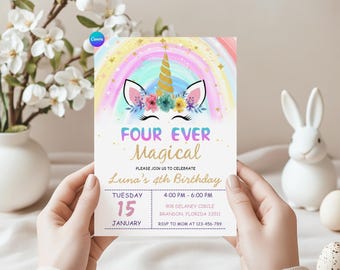 Unicorn 4th Birthday Invitation Template, Four Ever Magical Party Invite, Editable Pastel Unicorn Birthday Invite, Printable Canva Download