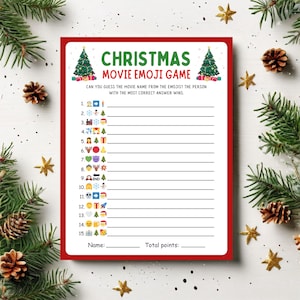 May include: A Christmas Movie Emoji Game printable sheet with a red border. The title "Christmas Movie Emoji Game" is in green. The sheet includes numbered lines for answers and a section for the player's name and total points.