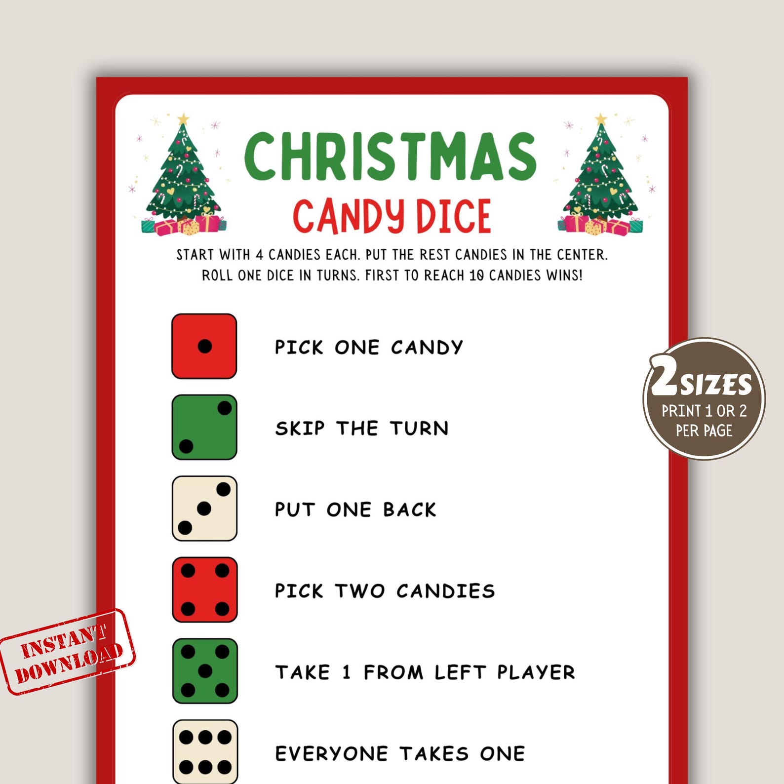 Christmas Candy Dice Game Printable | Fun Christmas Party Game for Kids ...