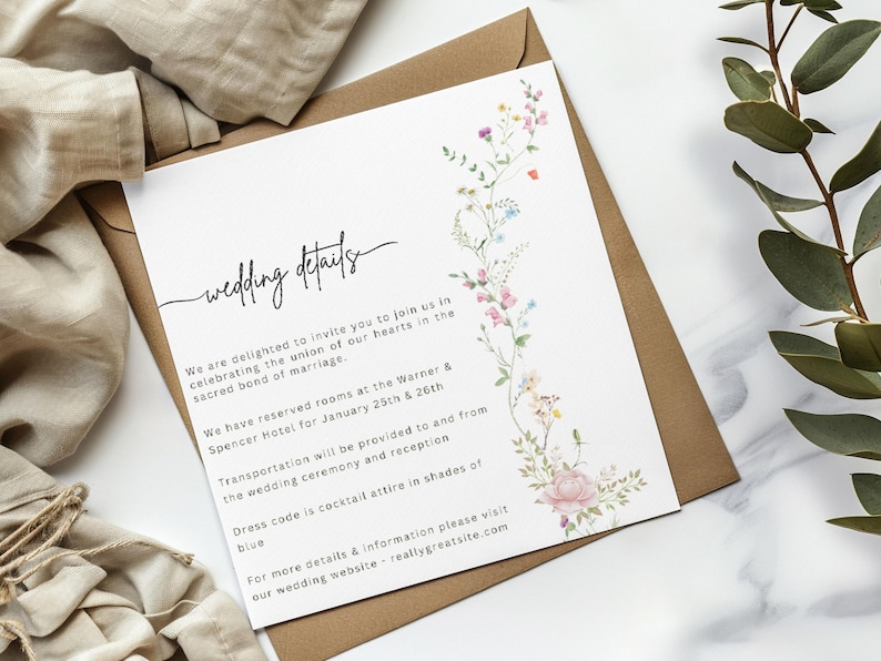 May include: Wedding details card with a floral design. The card includes information about the wedding ceremony and reception, including the date, location, and dress code. The text reads "wedding details" and "We are delighted to invite you to join us in celebrating the union of our hearts in the sacred bond of marriage."