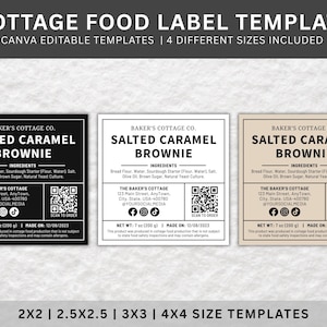 Puede incluir: Tres plantillas de etiquetas cuadradas para brownies de caramelo salado en negro, blanco y beige. Cada una incluye la marca Baker's Cottage Co., lista de ingredientes, código QR, iconos de redes sociales y un peso neto de 200 g.