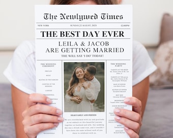 Wedding Newspaper Template with Photo, Wedding Newspaper Template, Wedding Program, Newlywed Times, Editable Newspaper Itinerary, Wedding