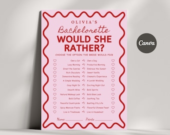 Would She Rather Bachelorette Game | Pink & Red Bridal Shower Game | Editable Canva Template | Digital Download