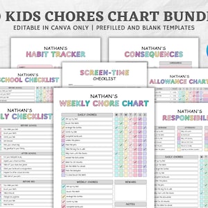 May include: A set of 20 printable chore charts for kids, featuring a rainbow color scheme and editable templates. The charts include daily, weekly, and habit trackers, as well as allowance and responsibility charts. The charts are designed to be used with Canva.
