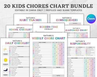 Editable Kids Chore Charts | Reward & Allowance Tracker | Screen Time, School Routine  Behavior Chart | Daily Checklist Weekly Chores PDF