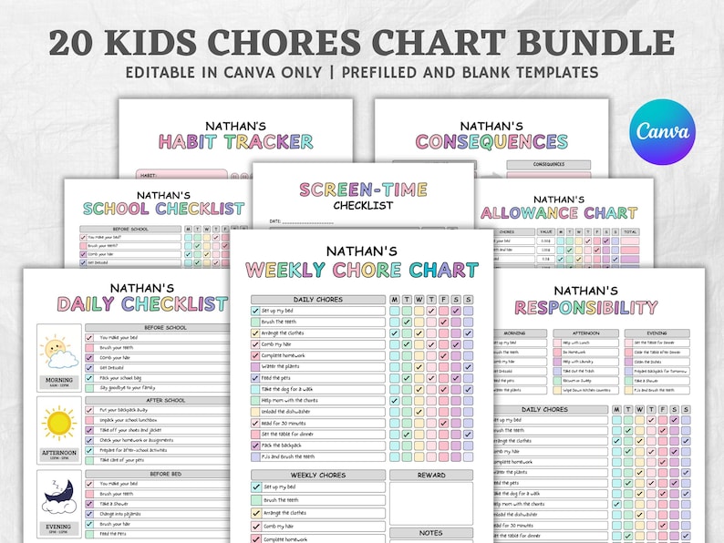 Editable Kids Chore Charts | Reward & Allowance Tracker | Screen Time ...