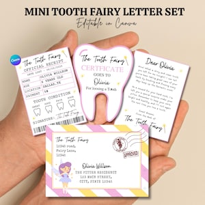 May include: A mini tooth fairy letter set with a receipt, certificate, letter, and envelope. The receipt includes the child's name, age, and tooth condition. The envelope has a fairy illustration and the text "Approved".