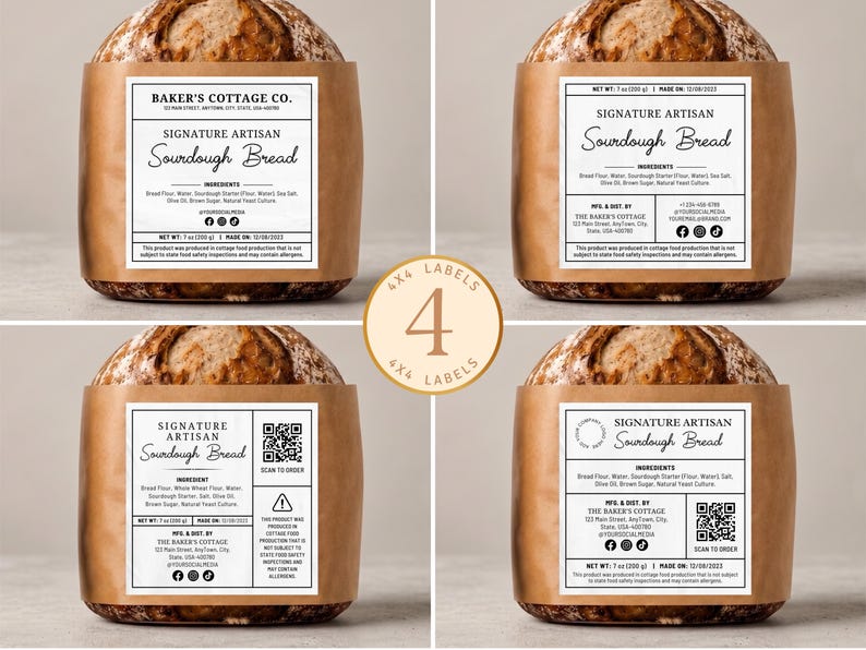 Canva Template,Digital Download,Editable Printable,Baked Goods Business,Thermal Printer Card,Farmers Market Tag,Sourdough Bread Box,Micro Bakery Sticker,Home Bakery Label,Cottage Food Law,Cookie Ingredients,QR Code Ingredients,6x4 4x4 Round BUNDLE