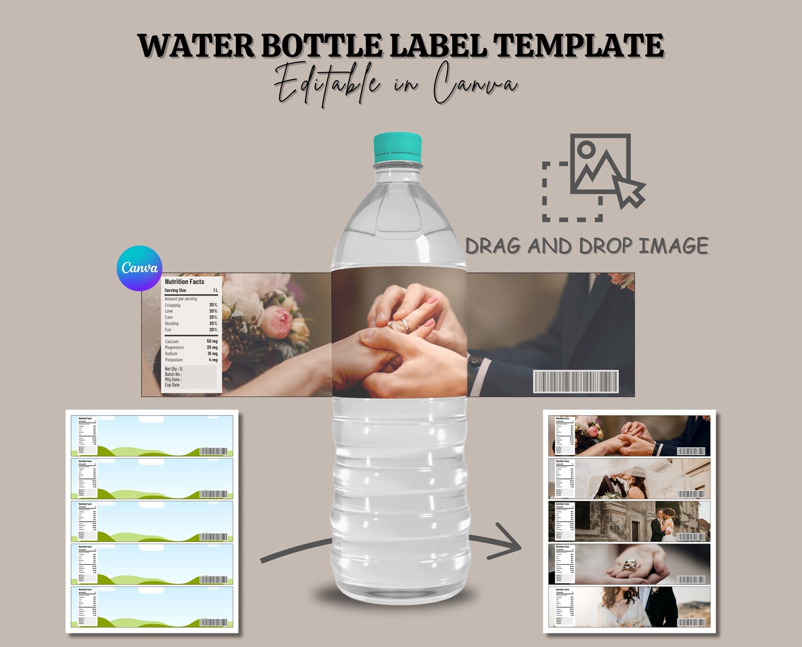 Water Bottle Label Template for 16 Oz Bottles – DIY Canva Stickers for ...
