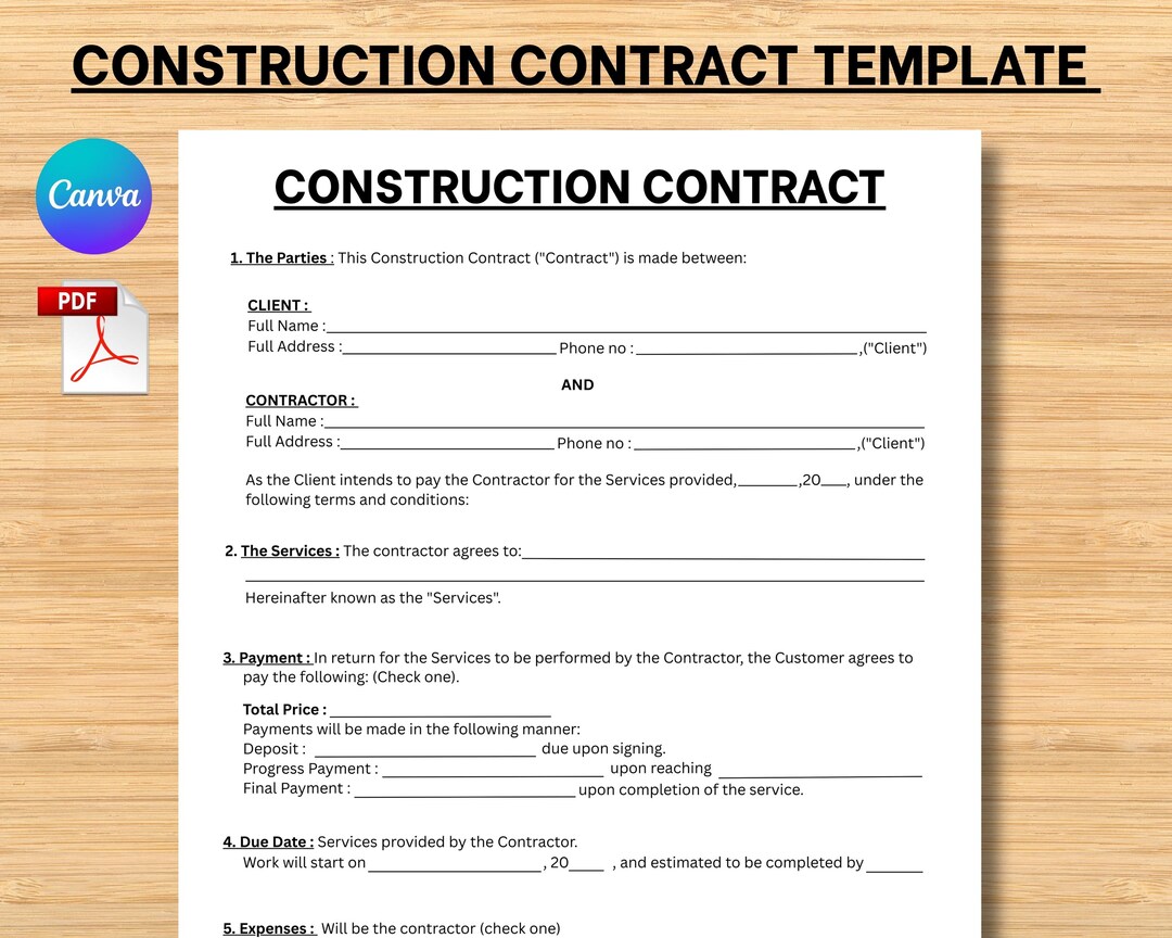 Editable Construction Contract Template | Single Page Agreement Form ...