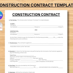 Editable Construction Contract Template | Single Page Agreement Form | Printable Contractor PDF | Basic Construction Work Contract