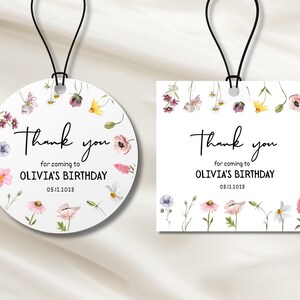 Szablon etykiety z kwiatami polnymi – etykieta okrągła lub kwadratowa – kwiatowy baby shower, boho panna młoda, etykieta z podziękowaniami – edytowalny Canva do natychmiastowego pobrania