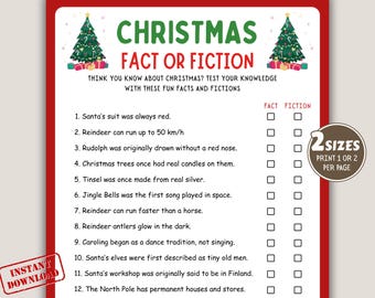 May include: A Christmas-themed game with a red border, featuring a green Christmas tree graphic and the text "Christmas Fact or Fiction." The game includes 14 statements about Christmas with fact or fiction check boxes. The words "Instant Download" are also visible.