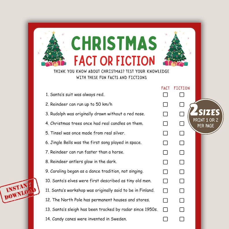 Christmas Fact or Fiction Game Printable, Holiday Party Trivia, Office ...