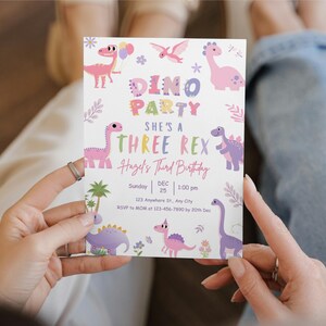 dino birthday, pink dino invite, trex party girl, dino editable, dino template, girl dino card, stomp roar dino, dinosaur invite, pastel trex, cute dino card, girl trex party, dinosaur girl, three rex invite
