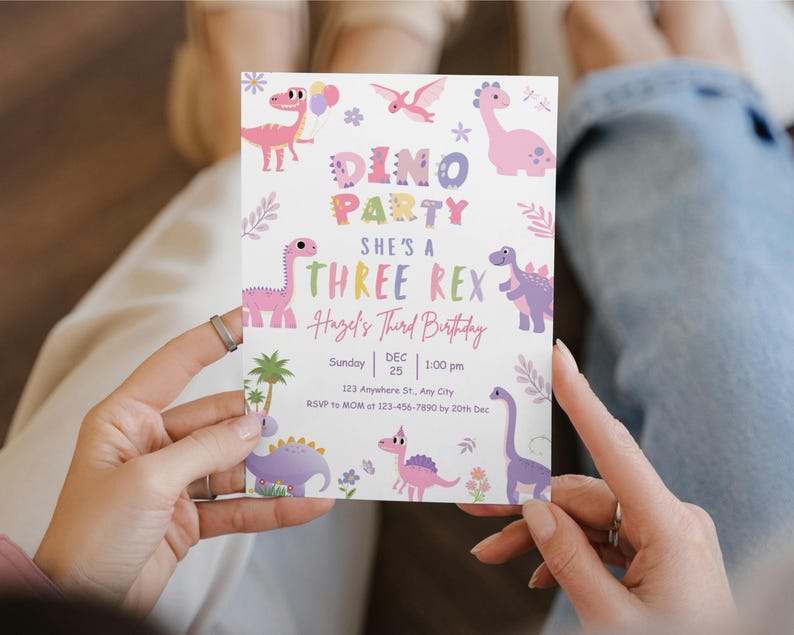 dino birthday, pink dino invite, trex party girl, dino editable, dino template, girl dino card, stomp roar dino, dinosaur invite, pastel trex, cute dino card, girl trex party, dinosaur girl, three rex invite